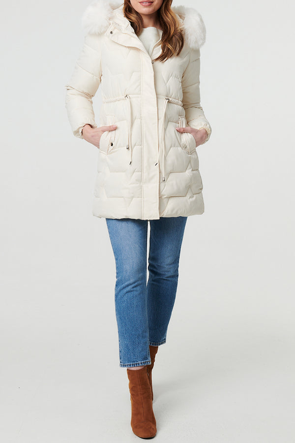 CREAM | Faux Fur Trim Hooded Longline Jacket