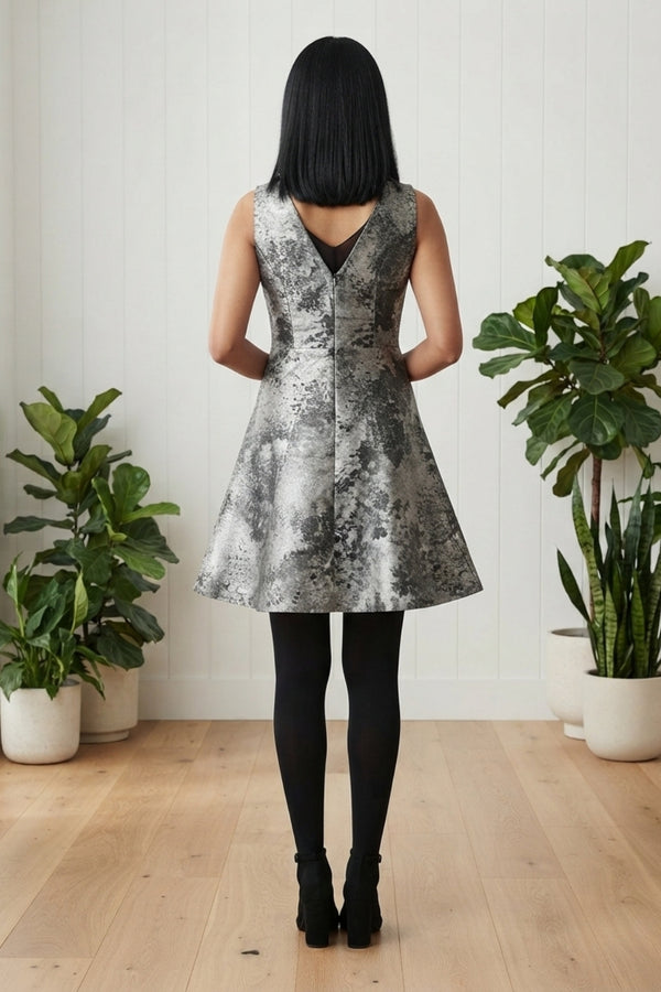 Metallic Print Sleeveless Short Dress| MULTI GREY