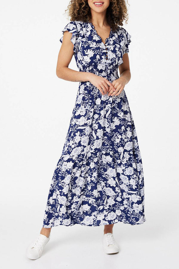NAVY | Floral Frill Cap Sleeve Maxi Dress