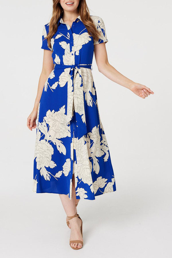 COBALT BLUE | Floral Short Sleeve Shirt Dress