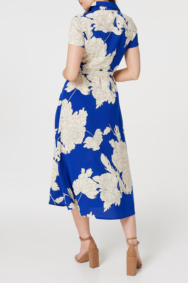 COBALT BLUE | Floral Short Sleeve Shirt Dress