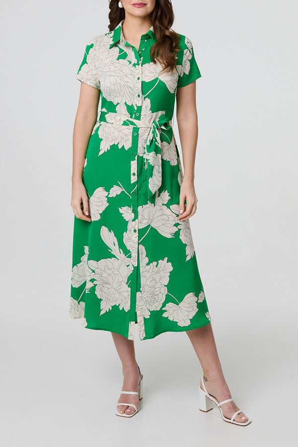 GREEN | Floral Short Sleeve Shirt Dress