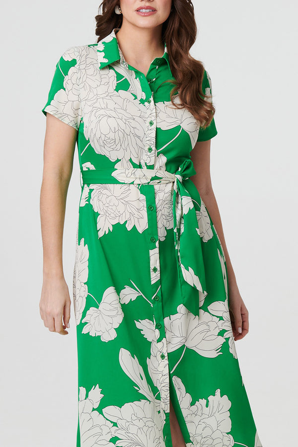 GREEN | Floral Short Sleeve Shirt Dress