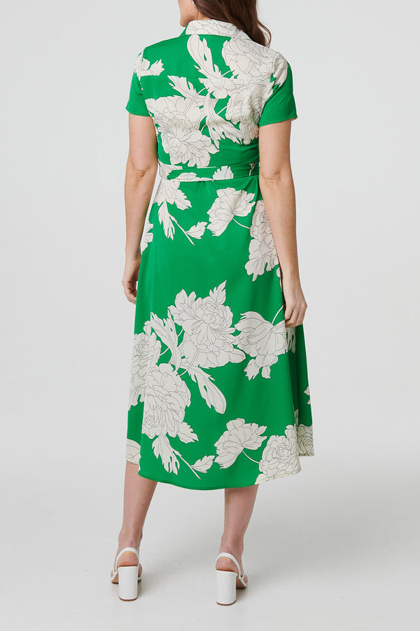 GREEN | Floral Short Sleeve Shirt Dress