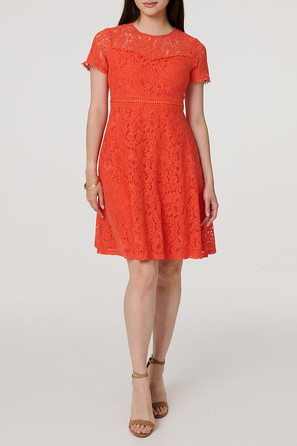 RED | Lace Layered Short Sleeve Skater Dress