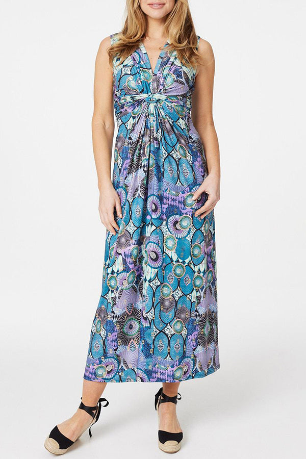 MULTI BLUE | Mosaic Print Empire Midi Dress