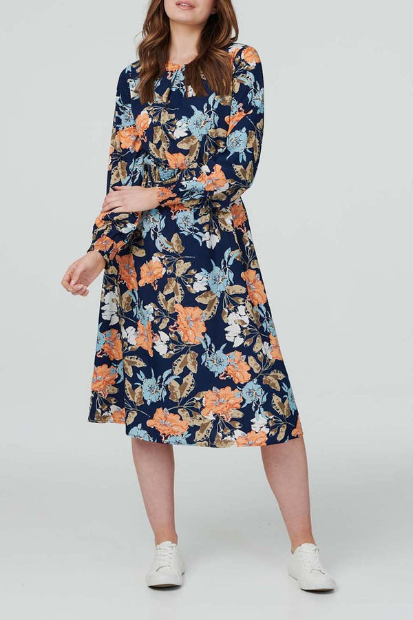 NAVY | Printed Long Puff Sleeve Midi Dress