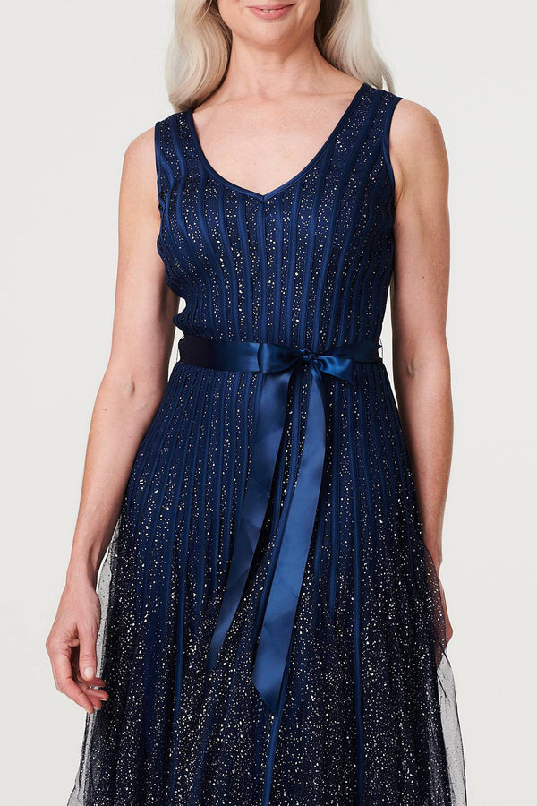 NAVY | Metallic Semi Sheer Skater Dress