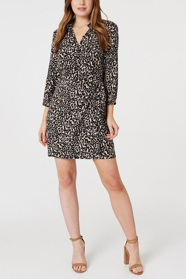 Multi Beige | Leopard Print Mini Shirt Dress