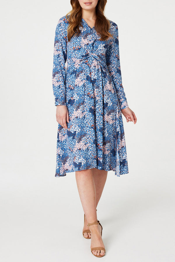 MULTI BLUE | Printed Twist Front Midi Dress