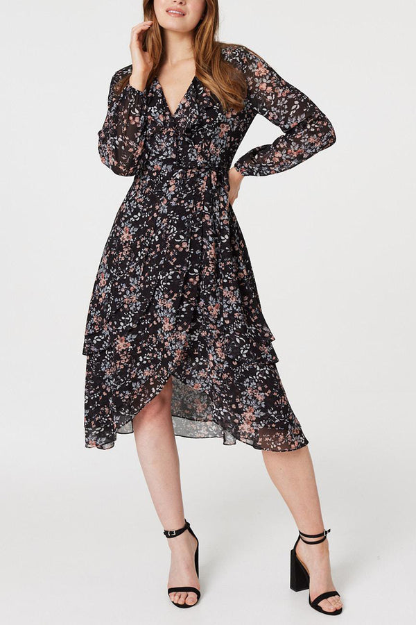 Black | Floral Frill Neck Wrap Midi Dress