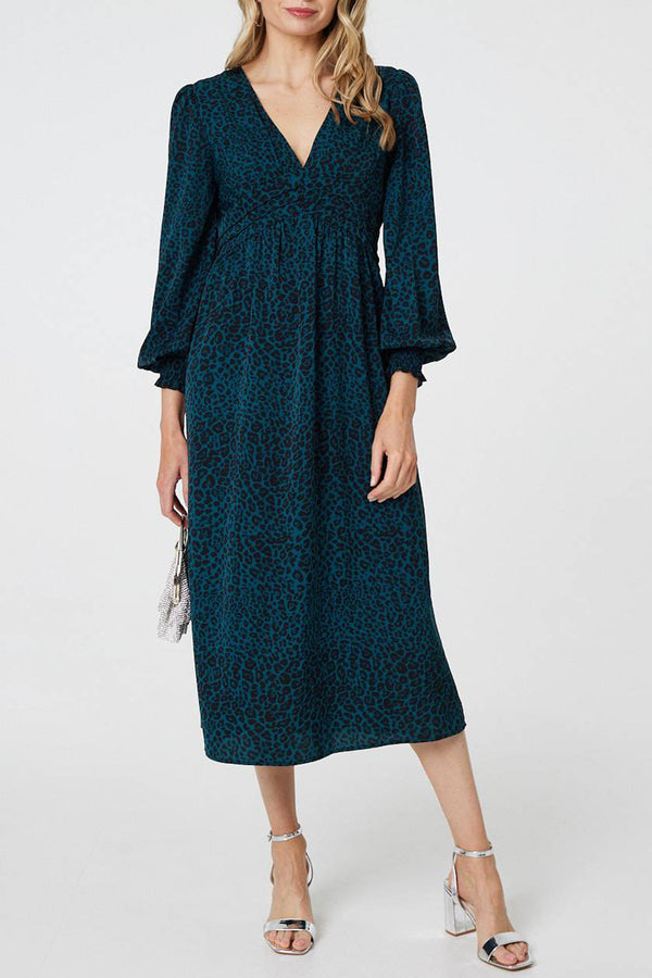 GREEN  Animal Print Empire Waist Midi Dress