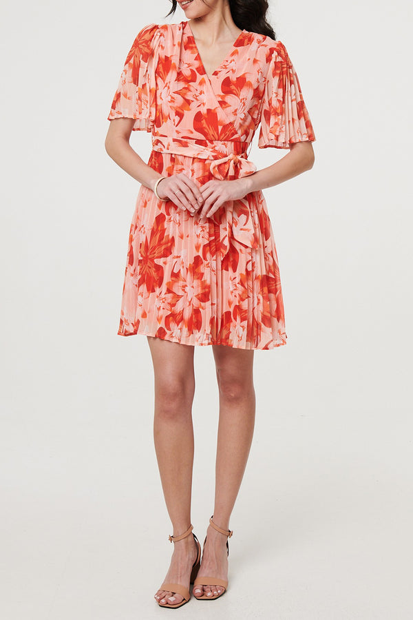 ORANGE | Floral Tie Waist Pleated Mini Dress
