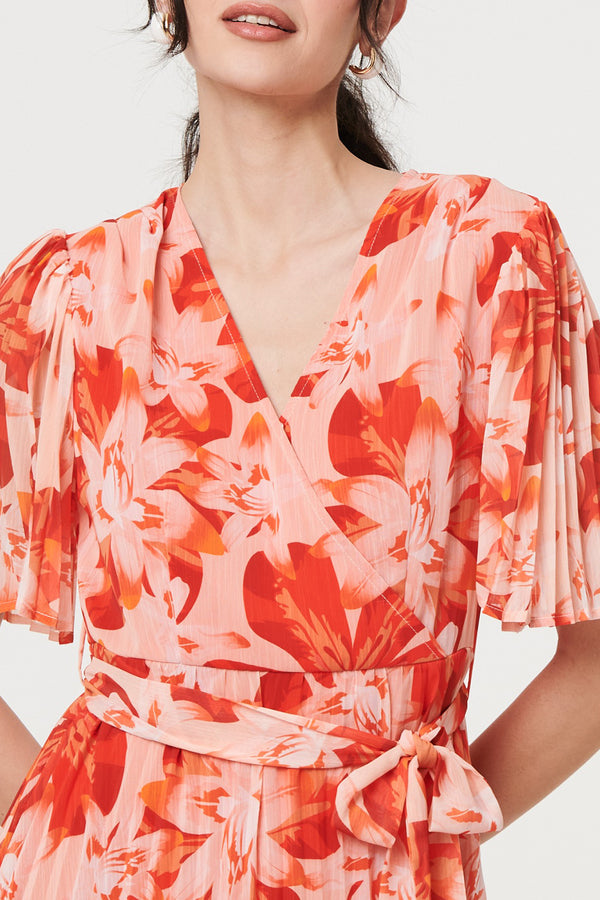ORANGE | Floral Tie Waist Pleated Mini Dress