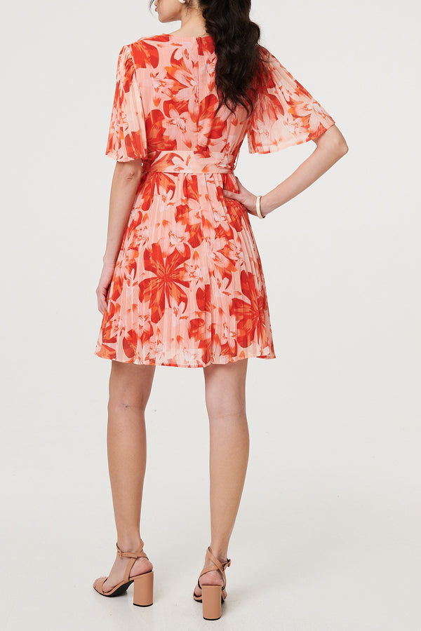 ORANGE | Floral Tie Waist Pleated Mini Dress