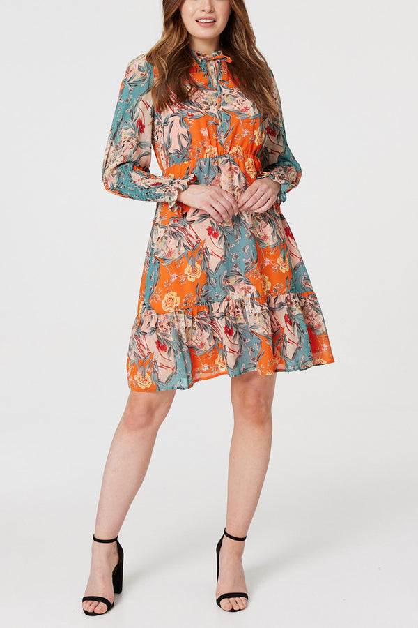 Multi Orange | Floral Tie Neck Short Dress