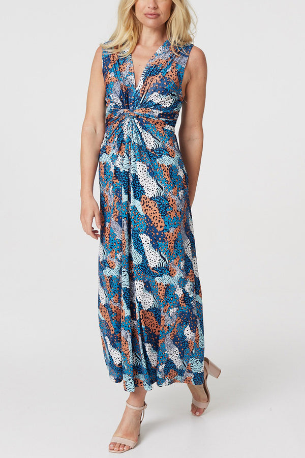 Multi Blue | Printed Twist Front Maxi Dress