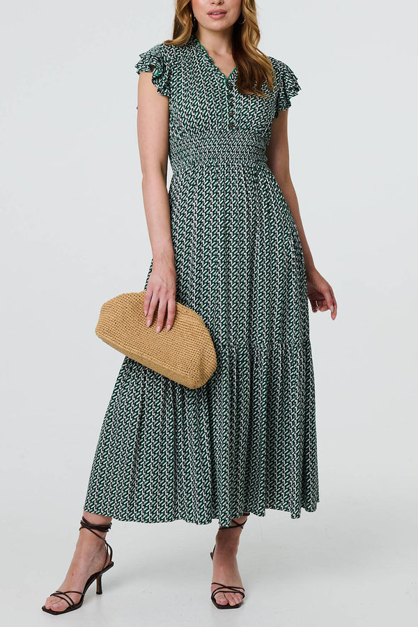 MULTI GREEN | Geo Print Cap Sleeve Smock Maxi Dress