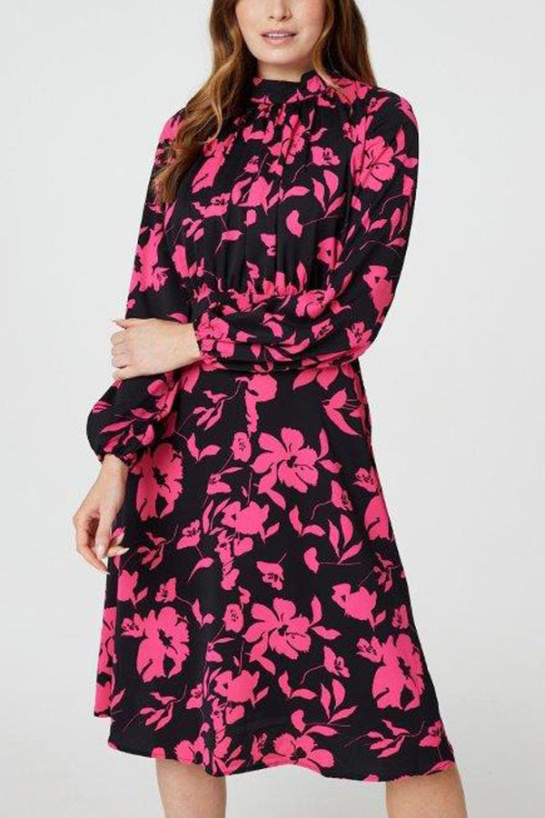 MULTI PINK | Floral High Neck Midi Tea Dress