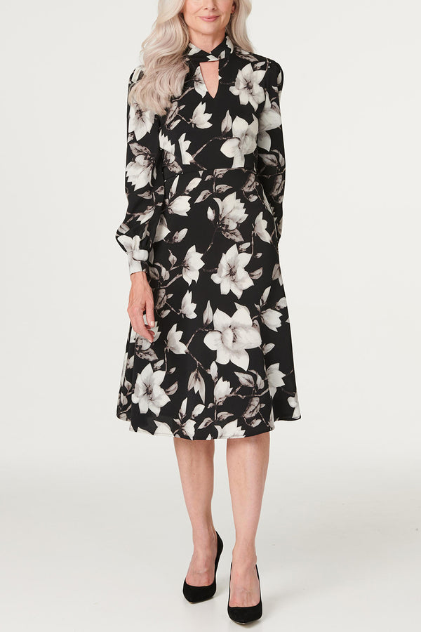 Multi Black | Floral Cut-Out Detail Tea Dress