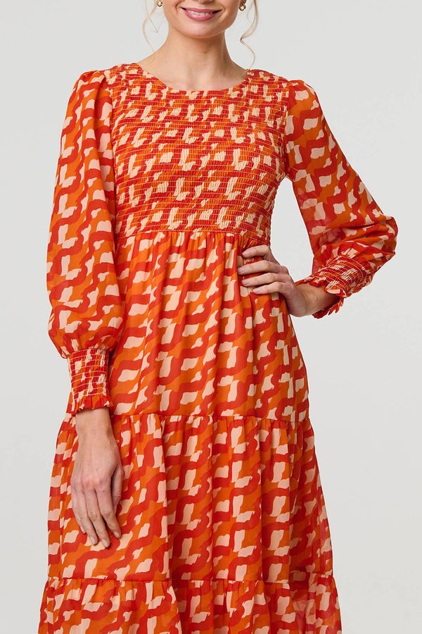 ORANGE | Printed Puff Sleeve Smocked Midi Dress