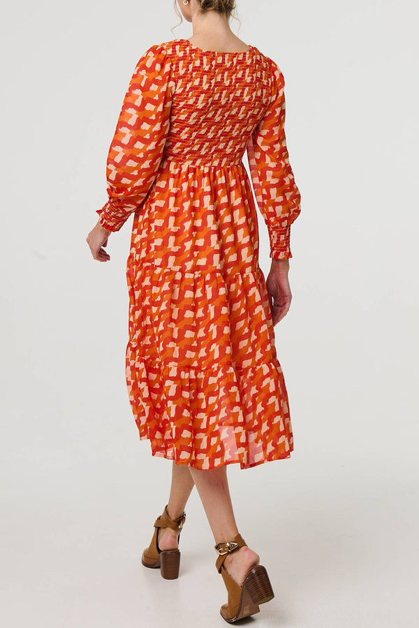 ORANGE | Printed Puff Sleeve Smocked Midi Dress