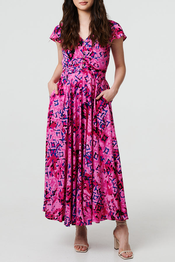 MULTI PINK | Printed V-Neck Angel Sleeve Maxi Dress