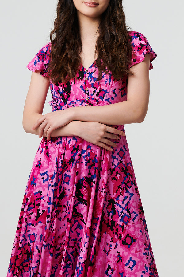 MULTI PINK | Printed V-Neck Angel Sleeve Maxi Dress