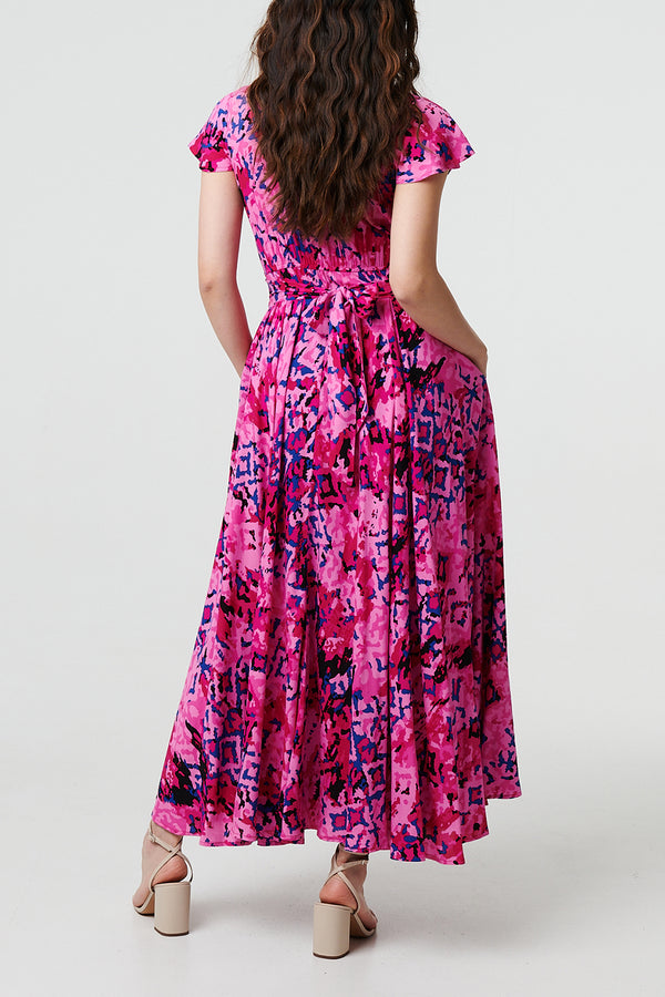 MULTI PINK | Printed V-Neck Angel Sleeve Maxi Dress