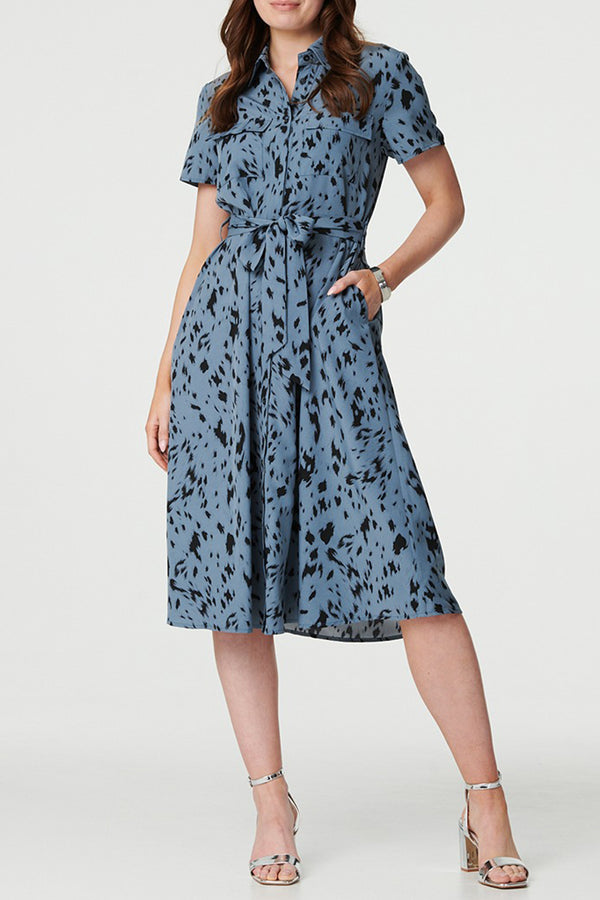 BLUE | Printed Tie Waist Midi Shirt Dress