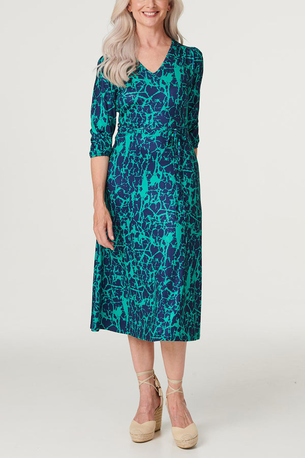 Multi Green | Printed 3/4 Sleeve Midi Dress
