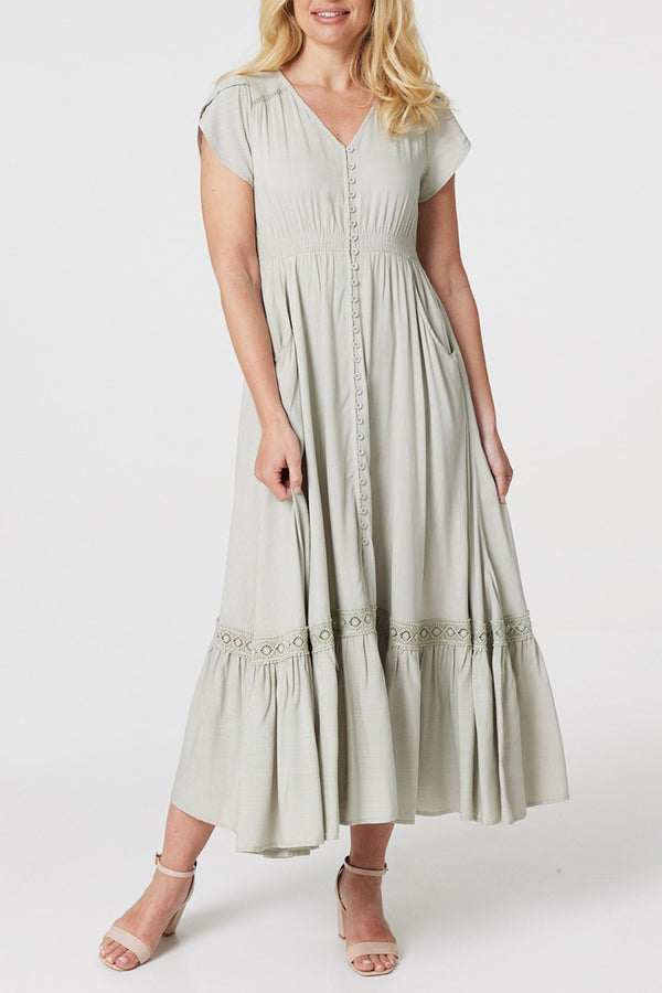 SAGE | Lace Trim Button Front V-Neck Maxi Dress