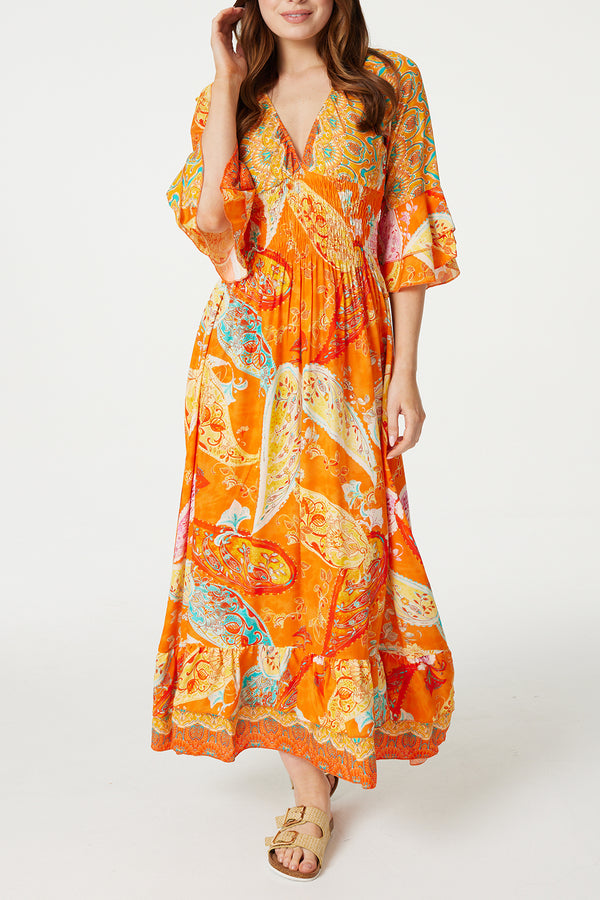 ORANGE | Printed Ruffled Sleeve Maxi Dress