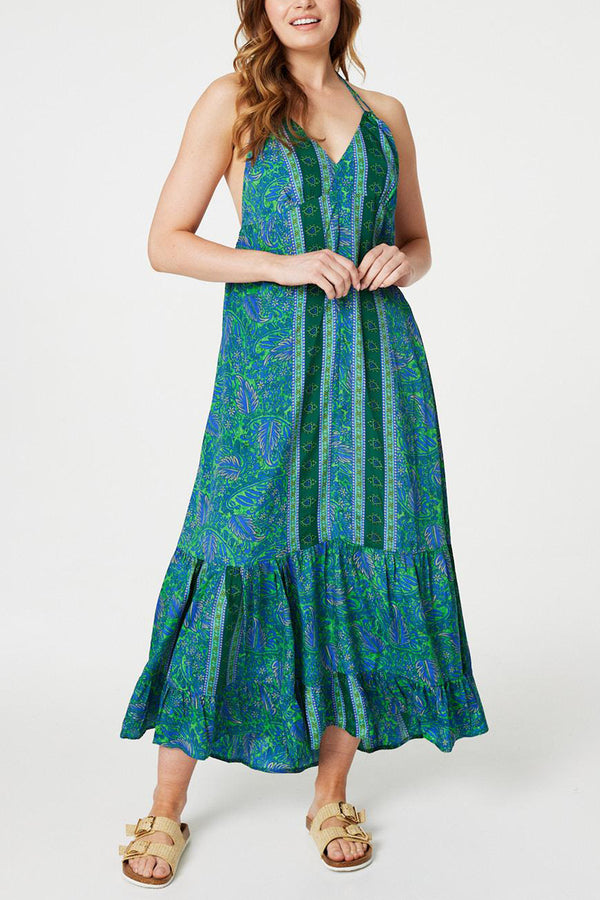 MULTI GREEN | Paisley Tie Neck Maxi Sun Dress