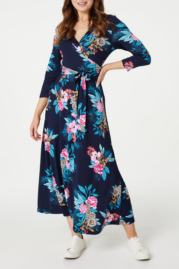 NAVY | Floral Tie Waist Maxi Wrap Dress