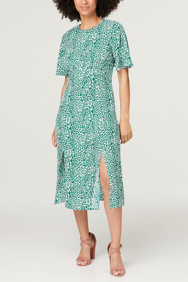 Green | Animal Print Split Front Dress