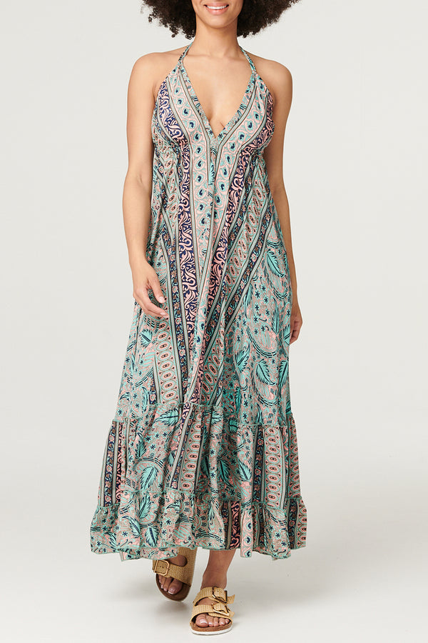 MULTI GREEN | Printed Tie Neck Maxi Sun Dress