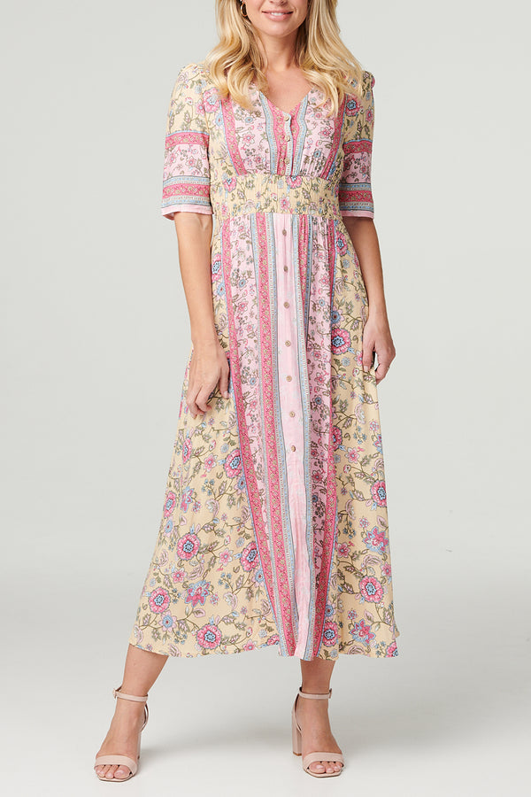 MULTI PINK | Floral Border Print V-Neck Dress