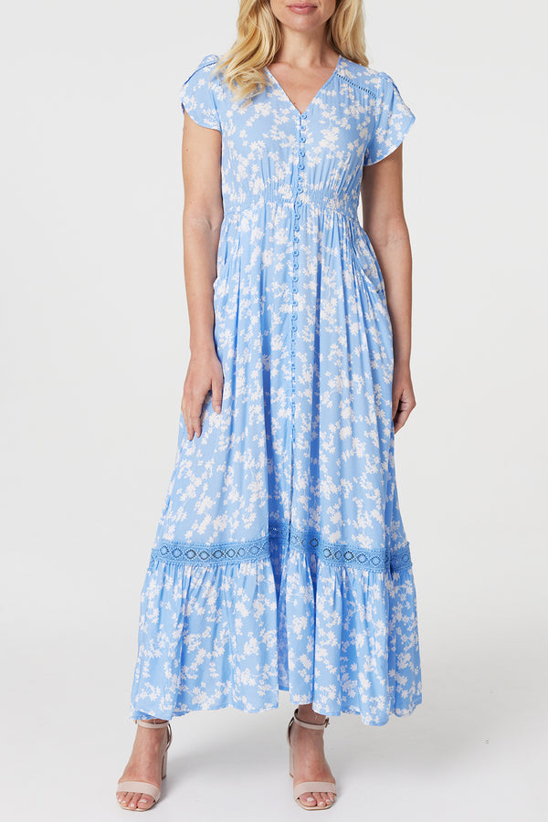 BLUE | Floral Lace Trim V-Neck Maxi Dress