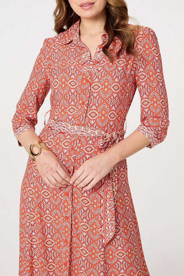 ORANGE | Geo Print 3/4 Sleeve Tie Waist Maxi Shirt Dress