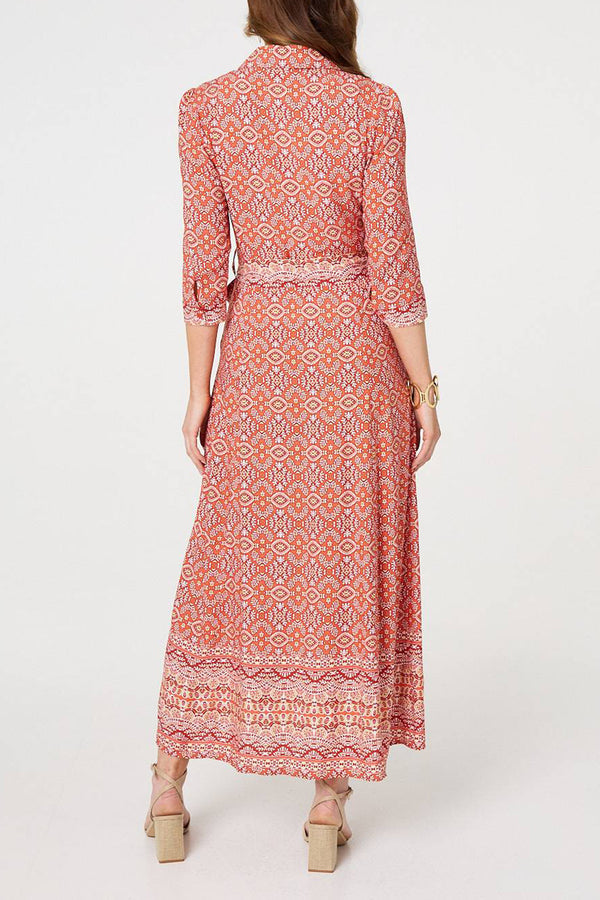 ORANGE | Geo Print 3/4 Sleeve Tie Waist Maxi Shirt Dress