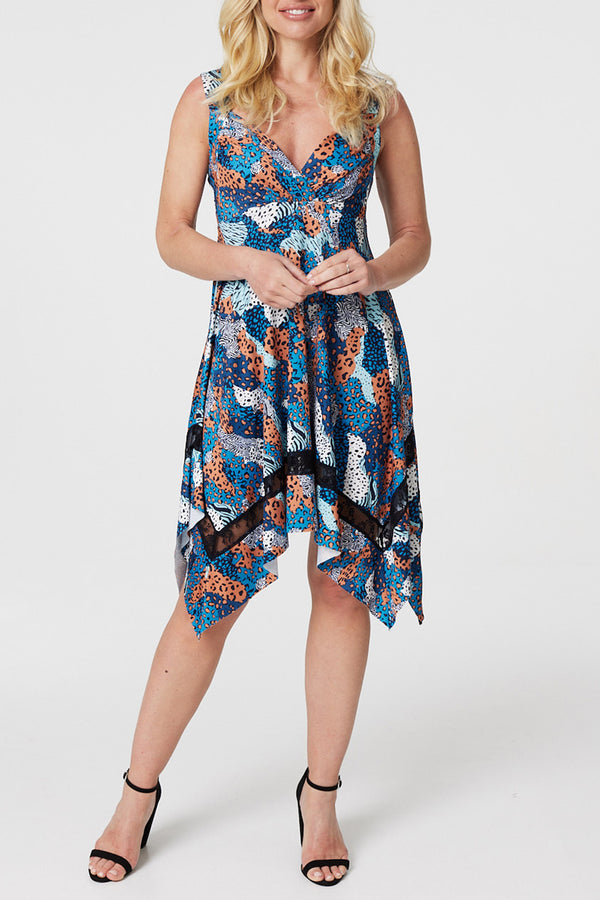 MULTI BLUE | Printed Lace Trim High Low Dress