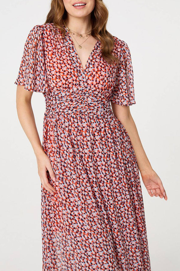 MULTI ORANGE | Printed 1/2 Sleeve Shirred Maxi Dress