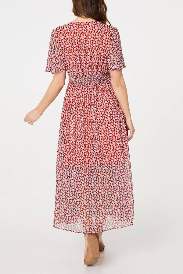 MULTI ORANGE | Printed 1/2 Sleeve Shirred Maxi Dress