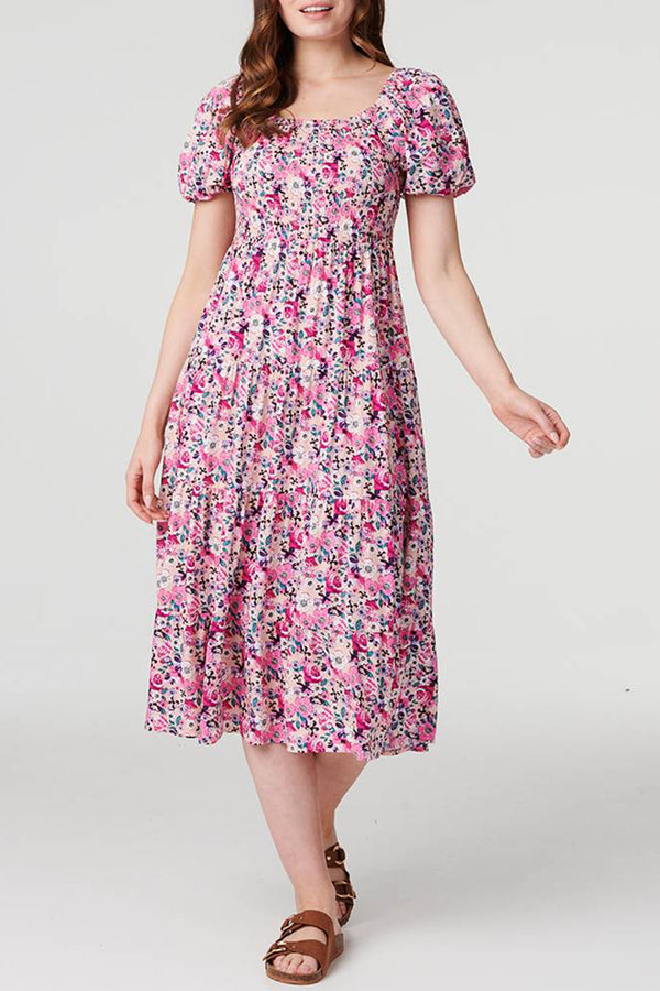 MULTI PINK | Floral Puff Sleeve Midi Smock Dress