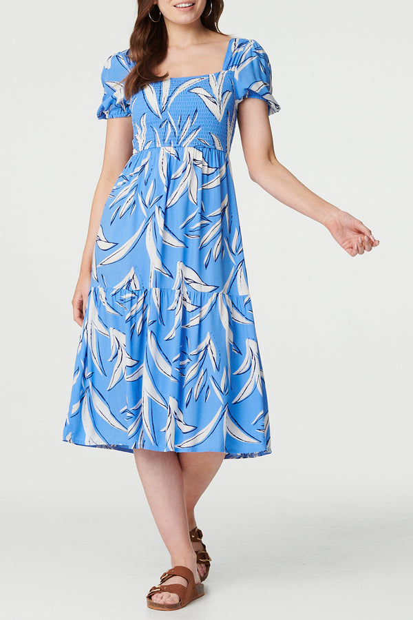 BLUE | Leaf Print Puff Sleeve Smock Dress