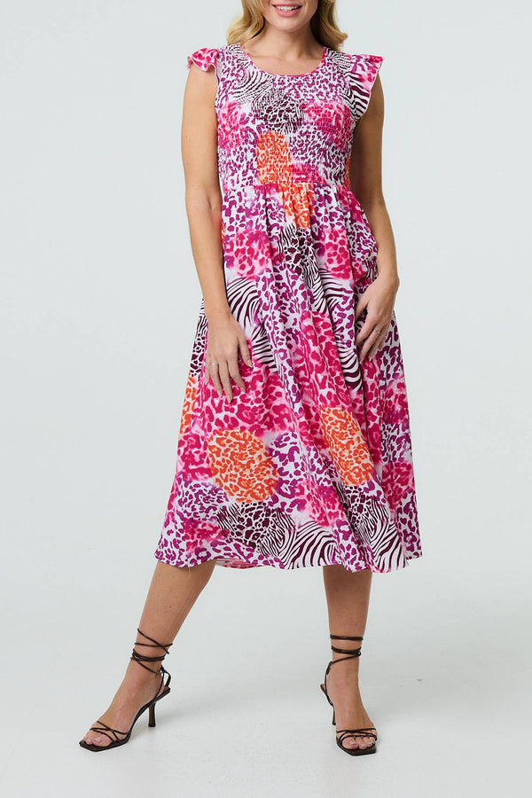 MULTI PINK | Animal Print Smocked Midi Dress