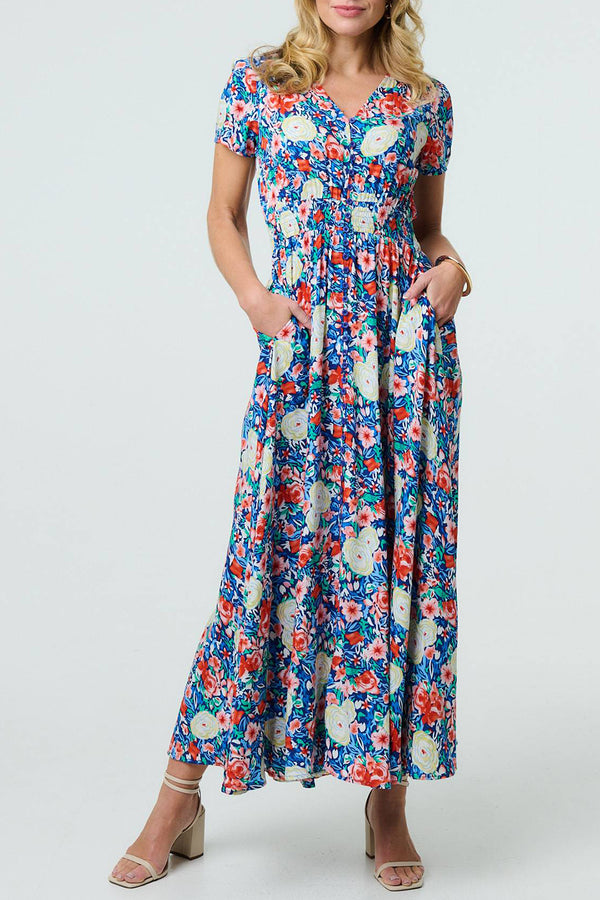 MULTI BLUE | Floral Short Sleeve Smocked Maxi Dress