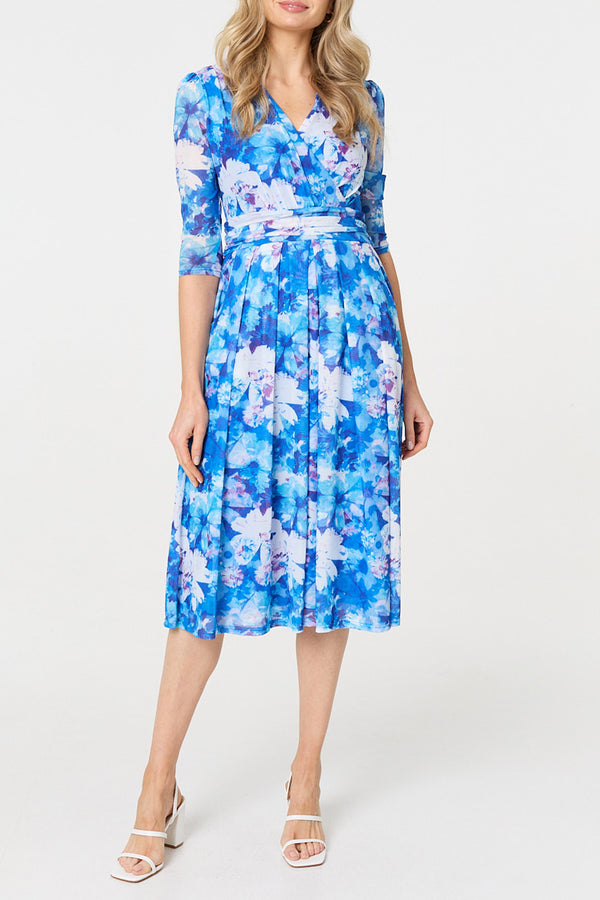 BLUE | Floral 3/4 Sleeve Pleated Wrap Midi Dress