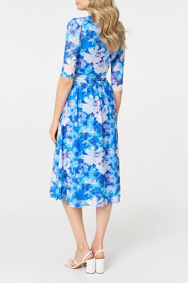 BLUE | Floral 3/4 Sleeve Pleated Wrap Midi Dress